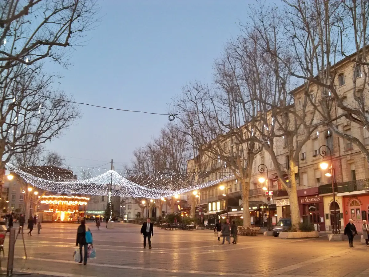 Place de l'Horloge in Avignon at dusk with strings of lights and bare trees