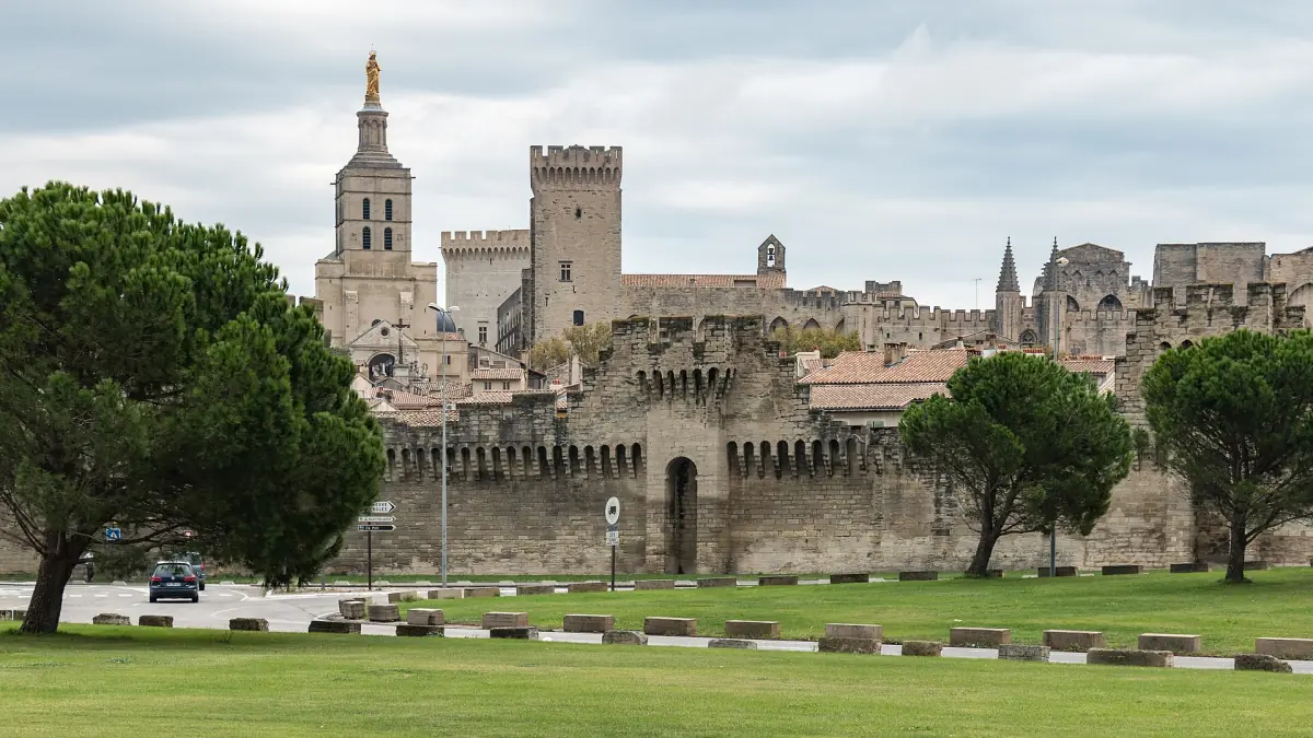 Avignon ramparts and papal palace towers behind a green lawn and pine trees