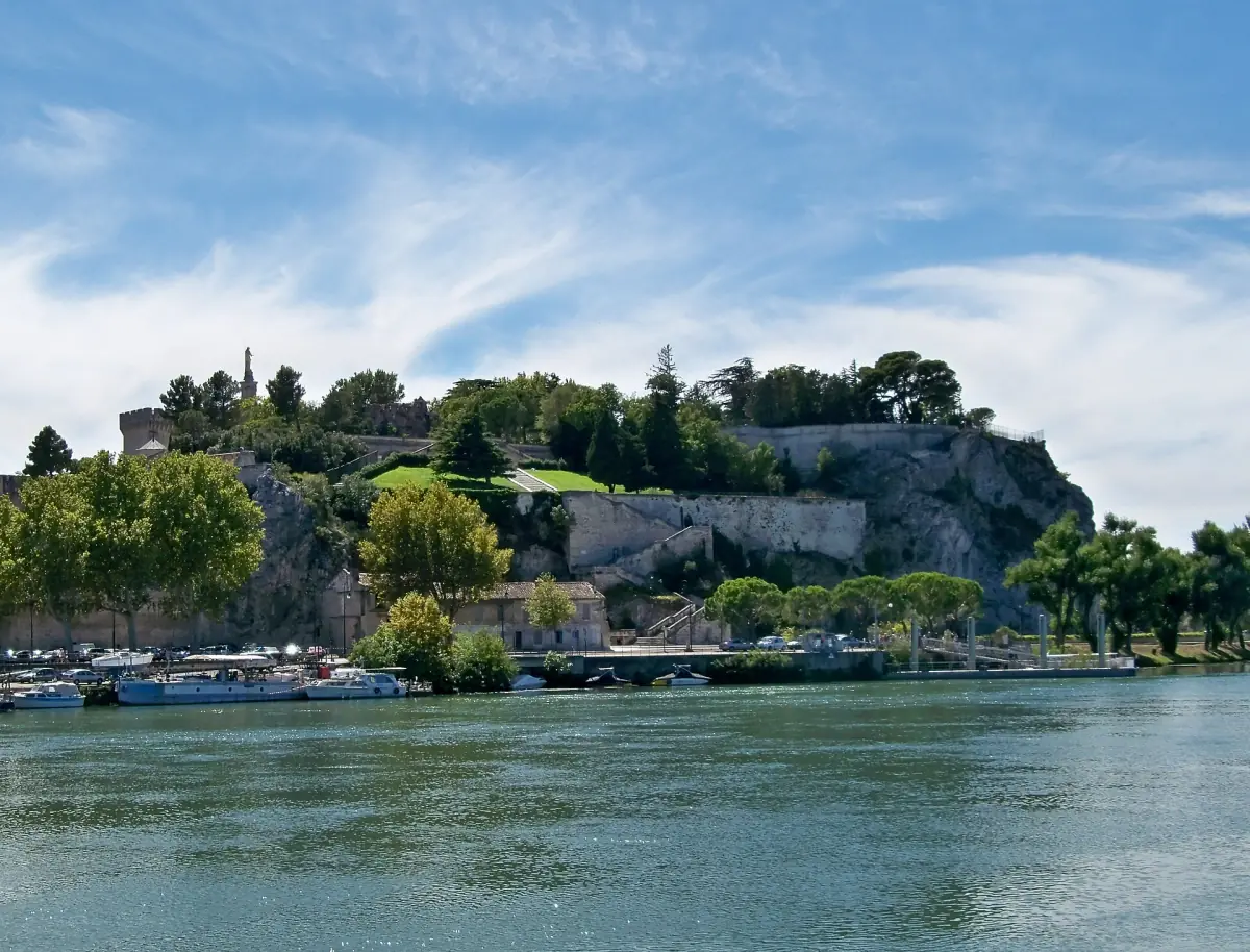 Rocher des Doms hill with trees and old walls above the Rhône and moored boats