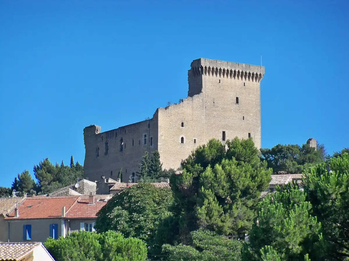 Ruined castle tower of Châteauneuf-du-Pape rising over trees and rooftops