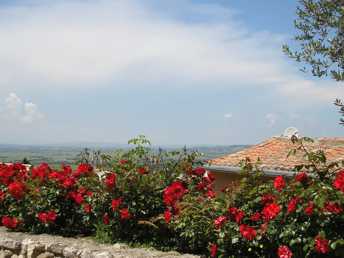 View from Gigondas over rooftops and fields towards the wide Rhône valley