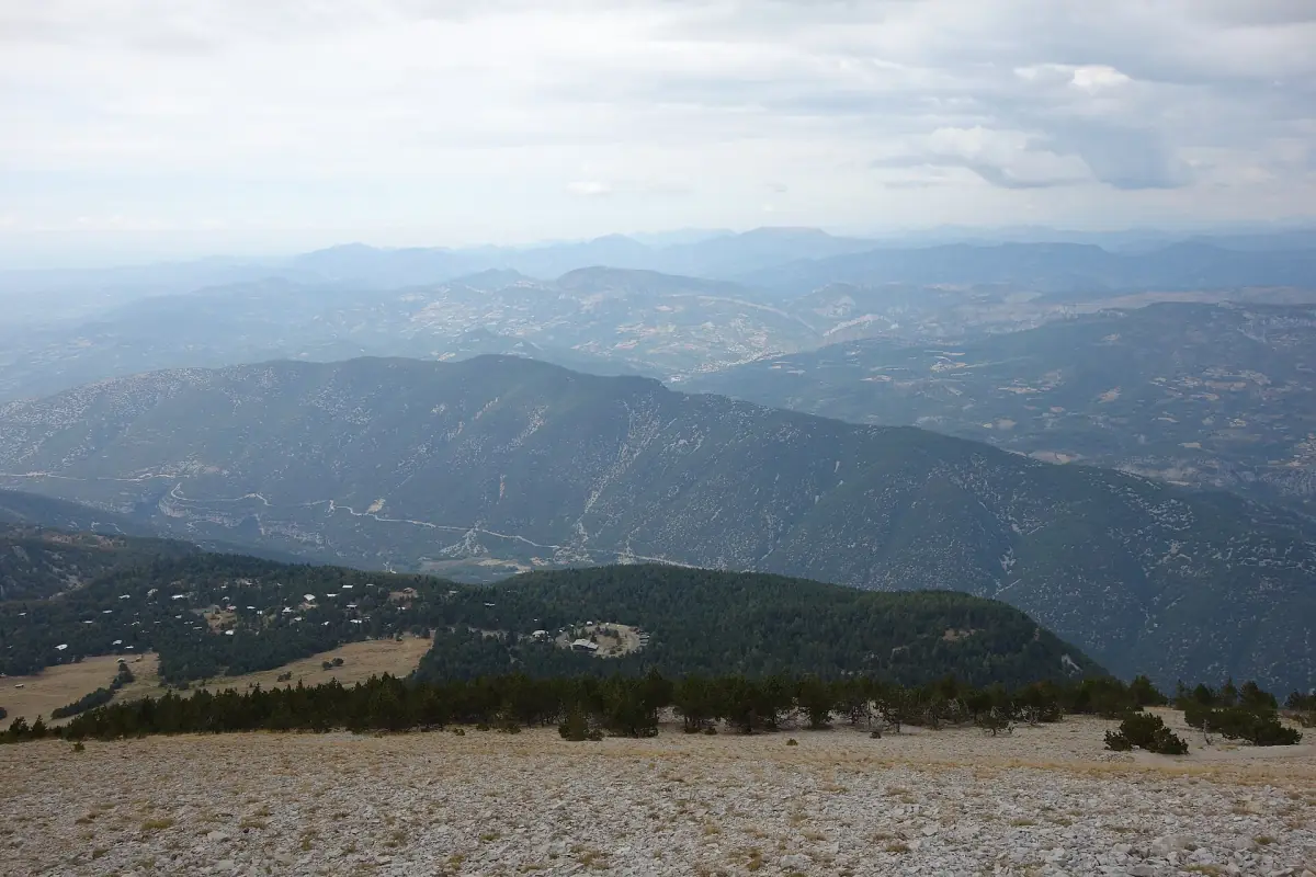 Layered hazy ridges of the Provence Alps seen from Mont Ventoux in clear weather